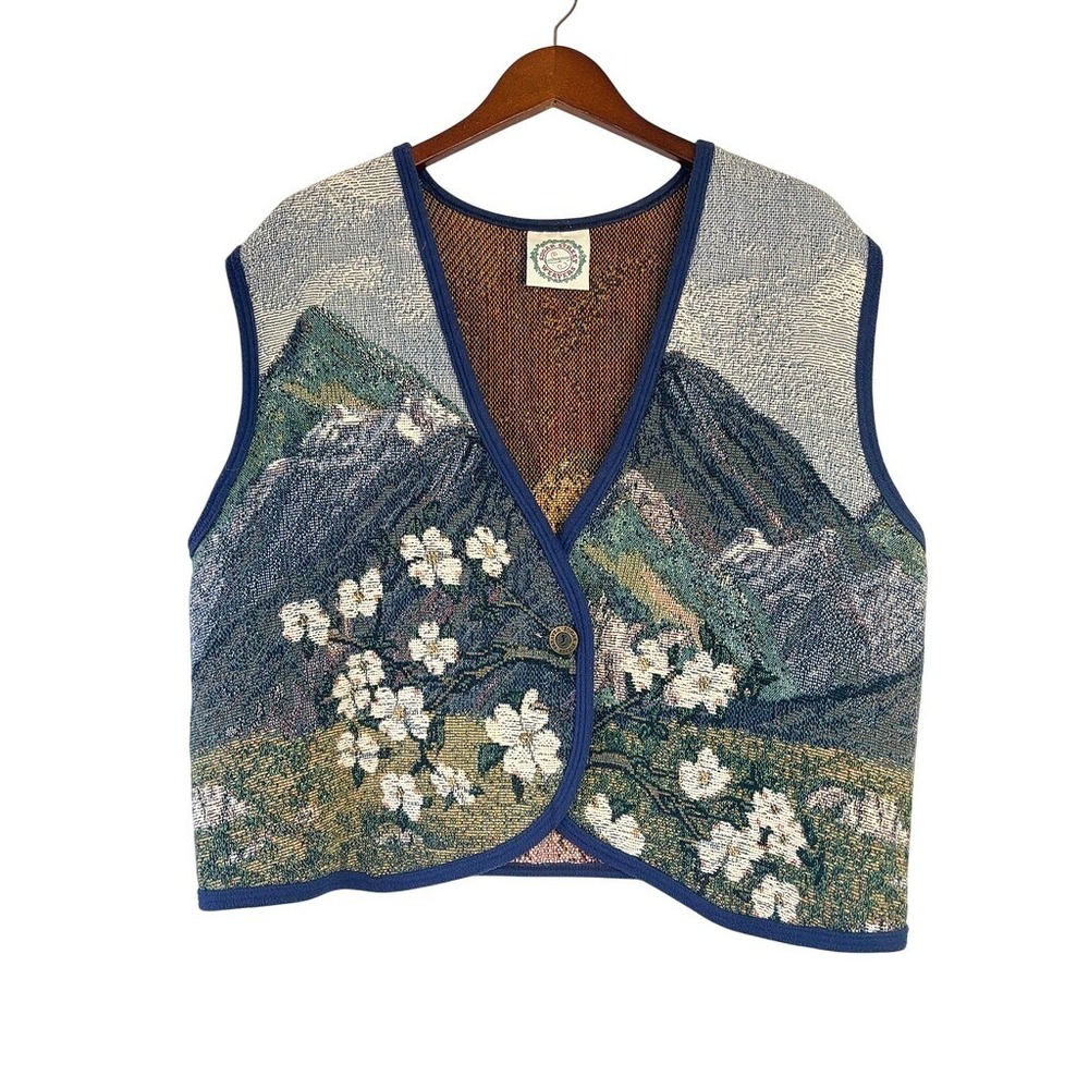 Vtg SUGAR STREET WEAVERS Tapestry Vest Dogwood Mountain Scenic Floral M/L Boho